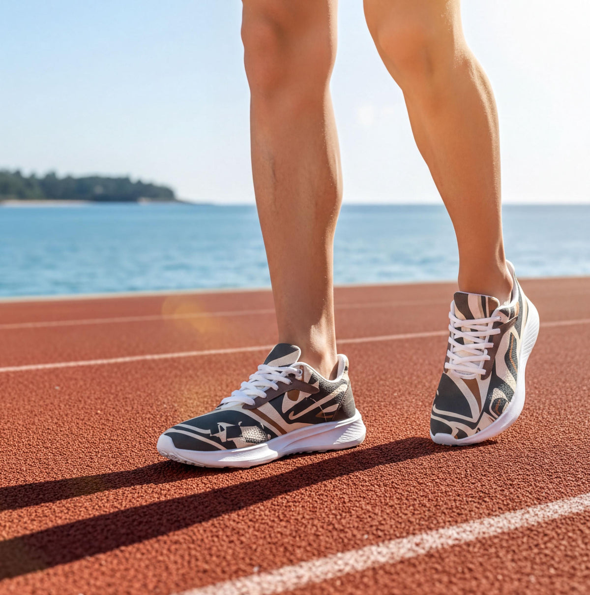 A person's legs and feet wearing Nike running shoes are shown on a red running track, with a body of water and a clear blue sky in the background.