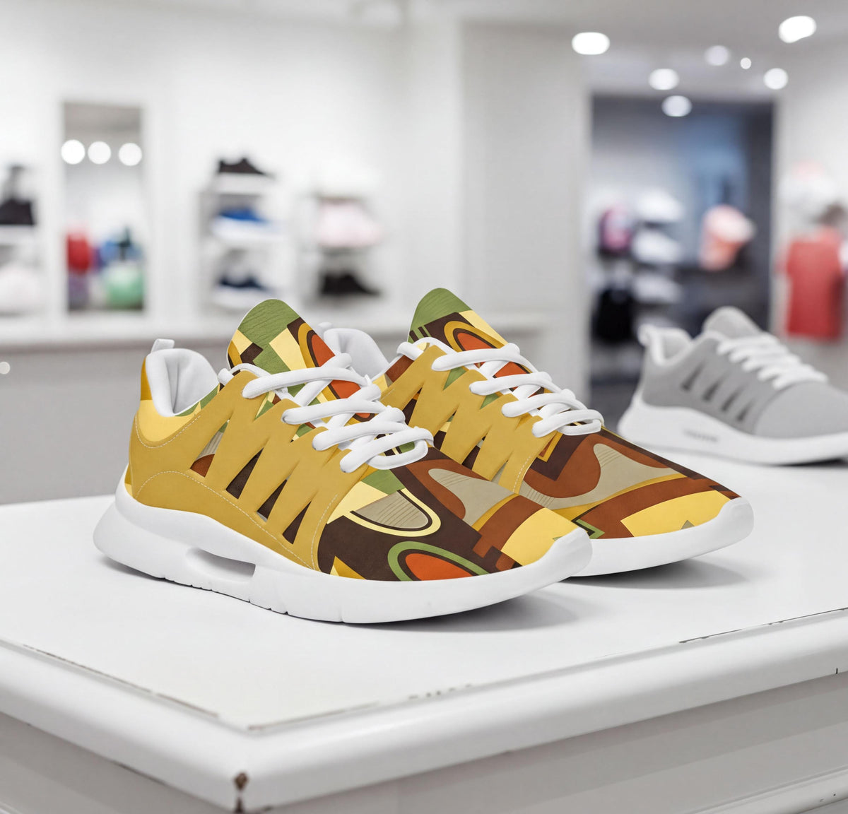 A pair of colorful, patterned sneakers on display in a store, with other shoes visible in the background.