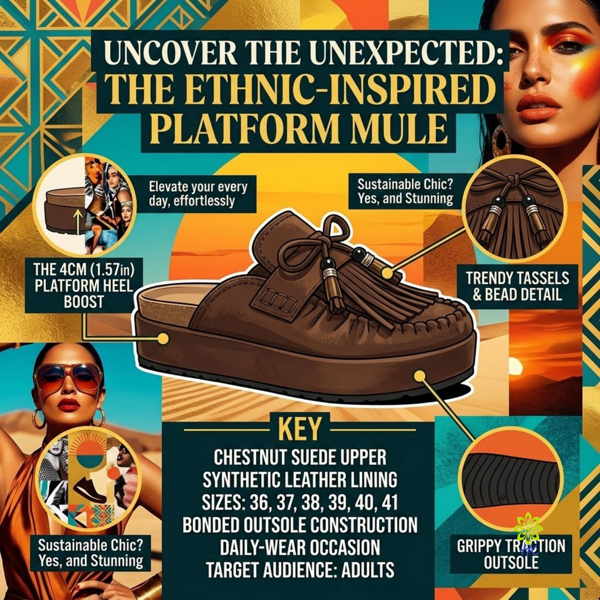 Promotional graphic for a brown platform mule shoe, featuring a central shoe illustration with callout labels, inset detail circles, and text describing features like platform heel, synthetic leather lining, and grip. The design uses a warm earthy palette with orange, teal, and brown tones.