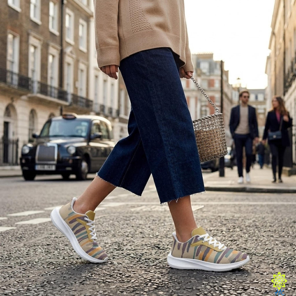 A person wearing a beige sweater, blue jeans, and colorful sneakers is walking on a city street, carrying a woven purse.