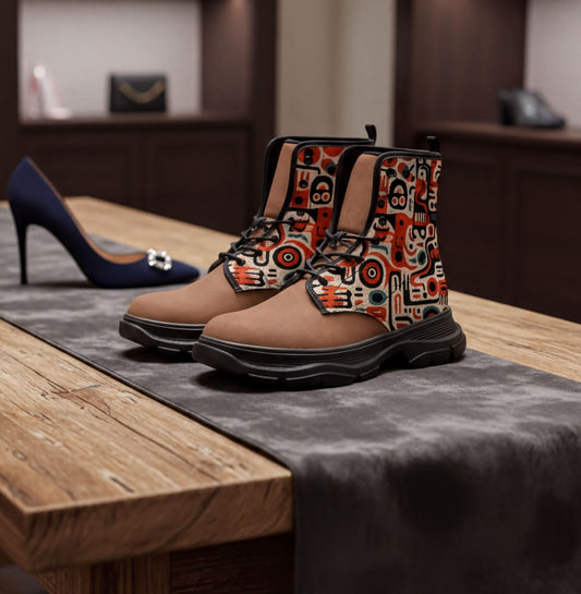 A pair of colorful patterned boots sits on a wooden table, with a high-heeled shoe visible in the background.