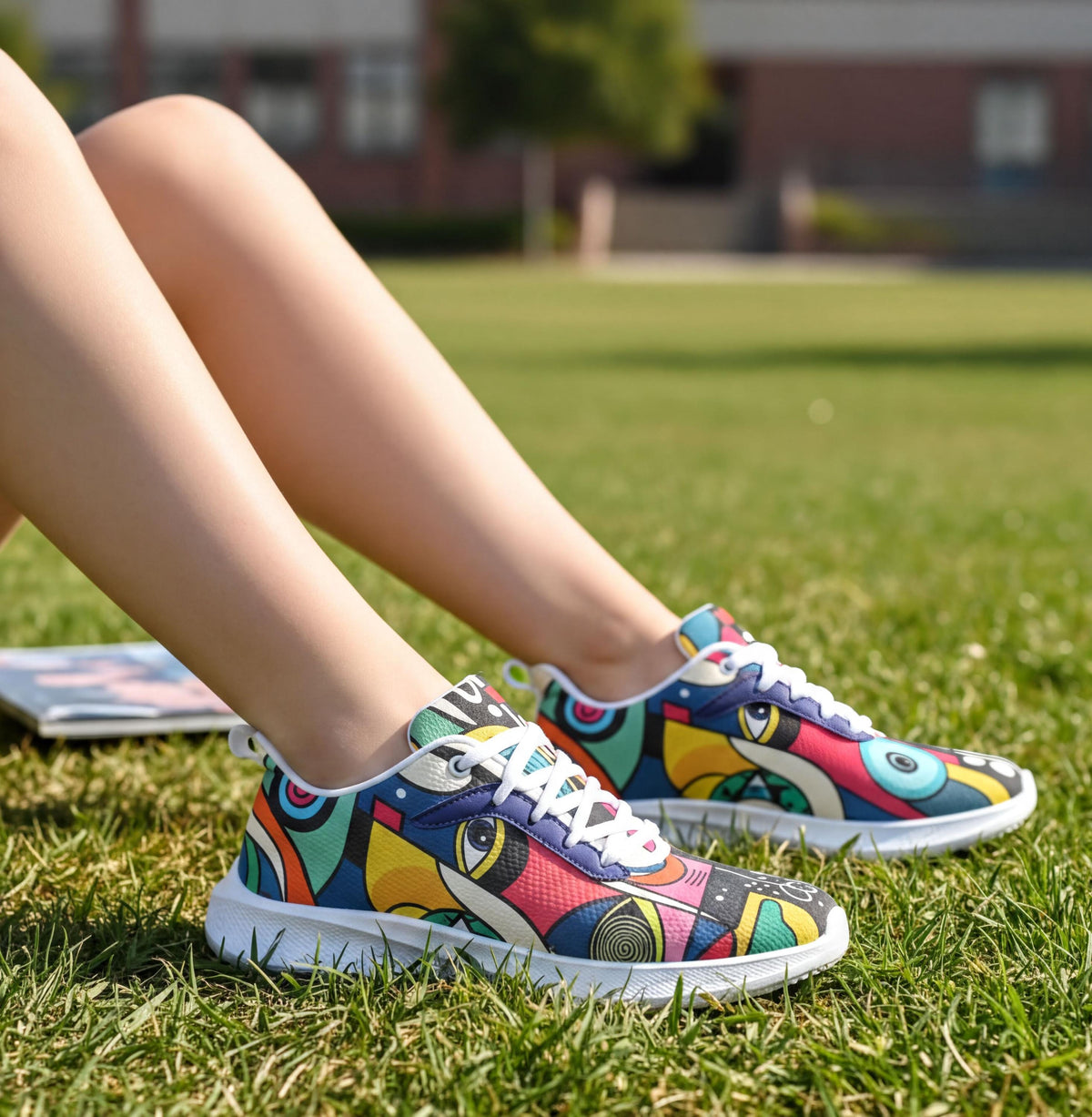 A person's feet wearing colorful, patterned sneakers are resting on a grassy lawn.