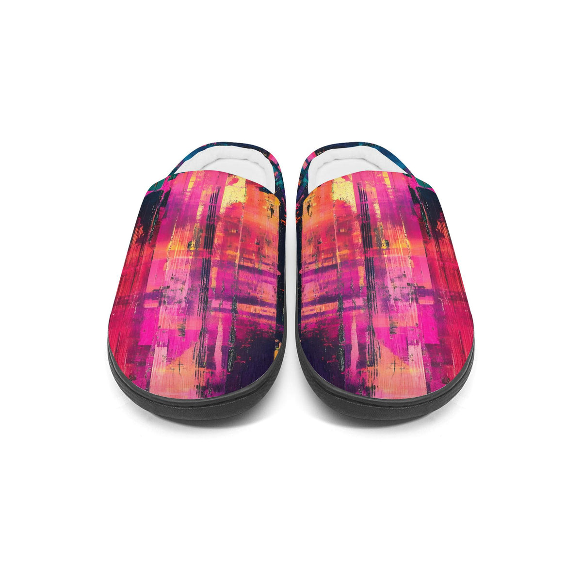 A pair of colorful slippers with abstract patterns in shades of pink, orange, and purple.