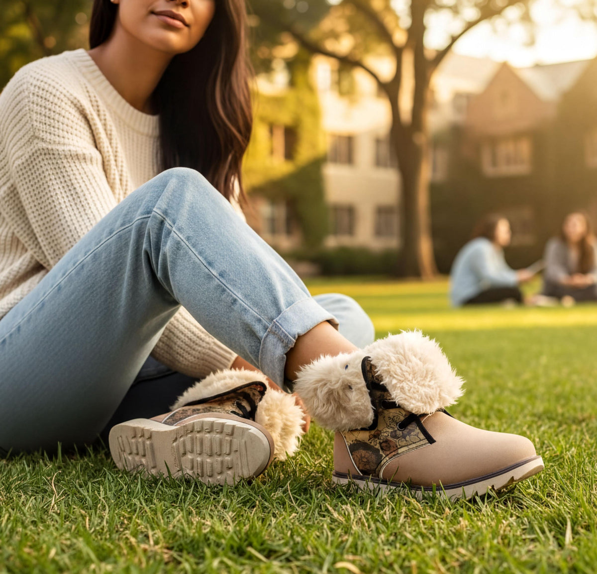 A woman sits on the grass wearing a white sweater and tan boots with fur trim, with a blurred background of trees and buildings.