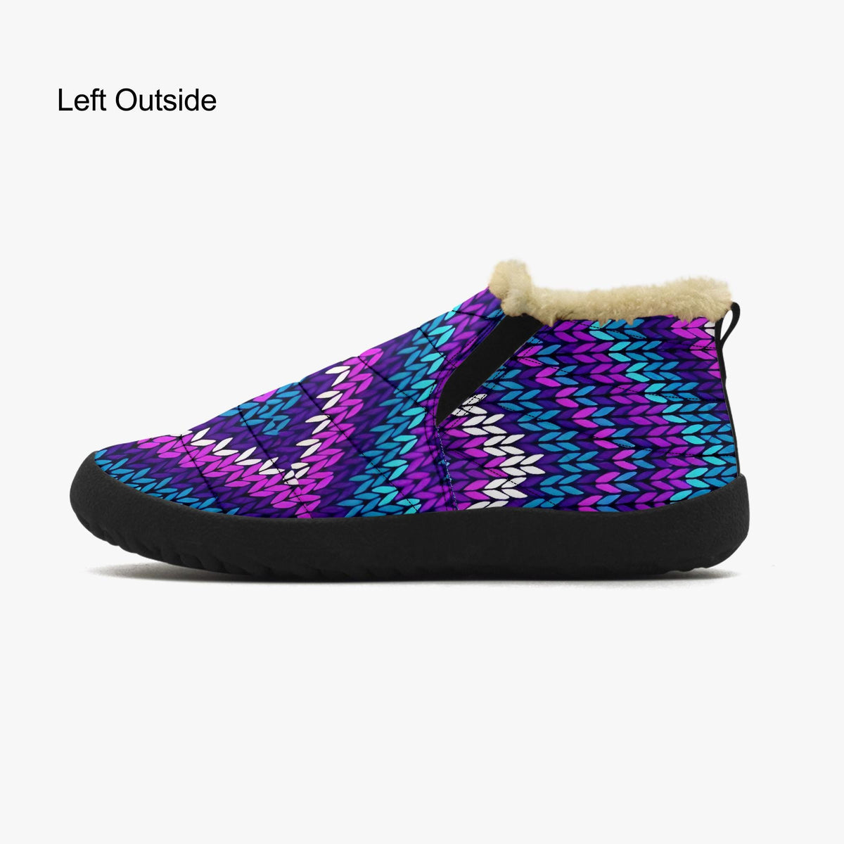 A colorful, knitted slipper shoe with a fur lining, featuring a vibrant pattern of purple, blue, and white colors.