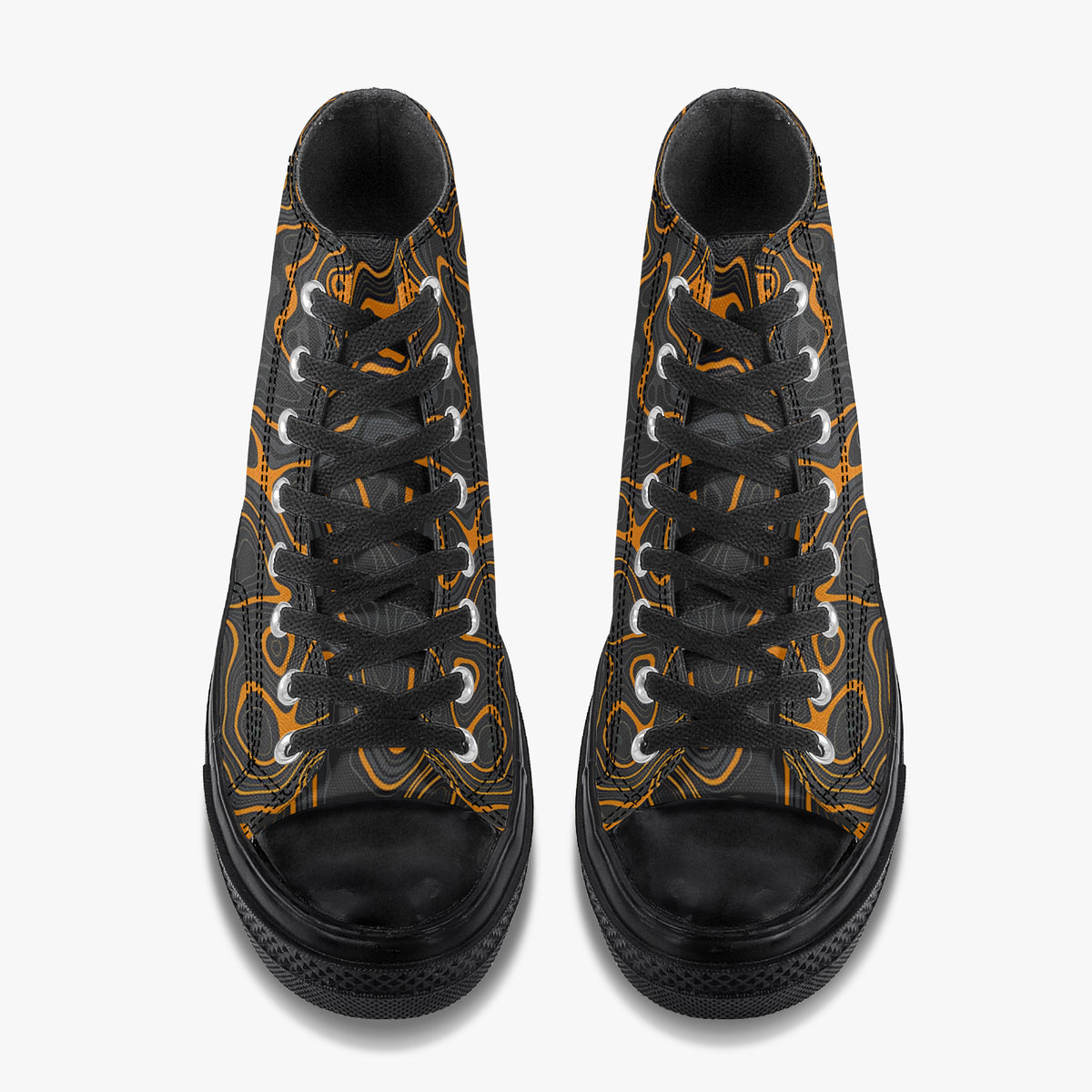 A pair of black high-top sneakers with black laces and a distinctive orange and white abstract pattern on the sides, shown from a top-down view on a light gray background.