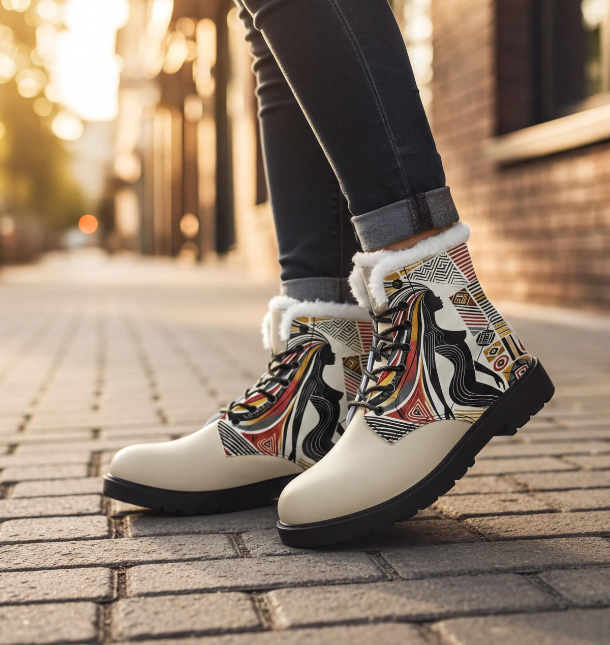 A person wearing white boots with a colorful, abstract pattern on them, standing on a brick sidewalk.