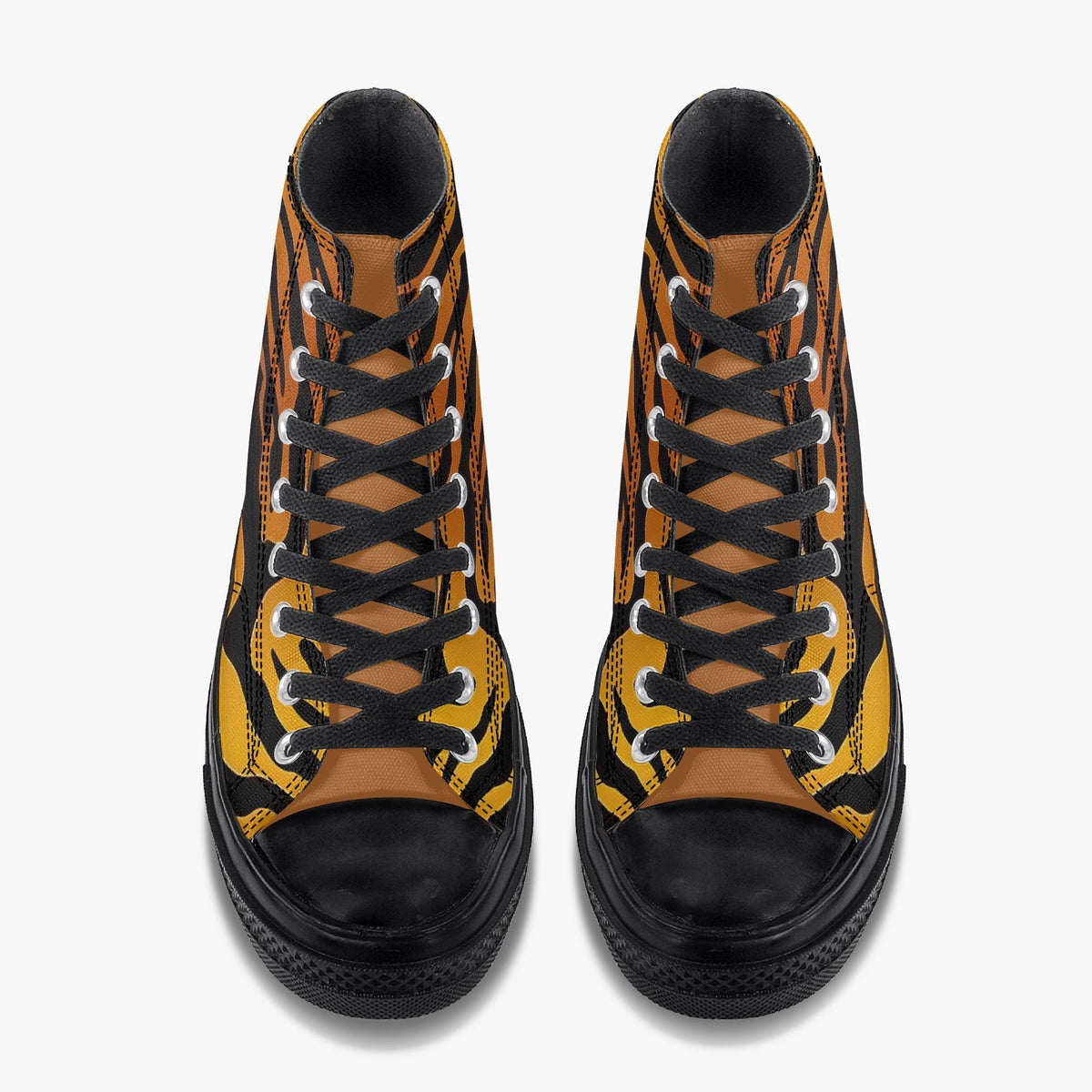 A pair of black and orange high-top sneakers with black laces and a black sole.