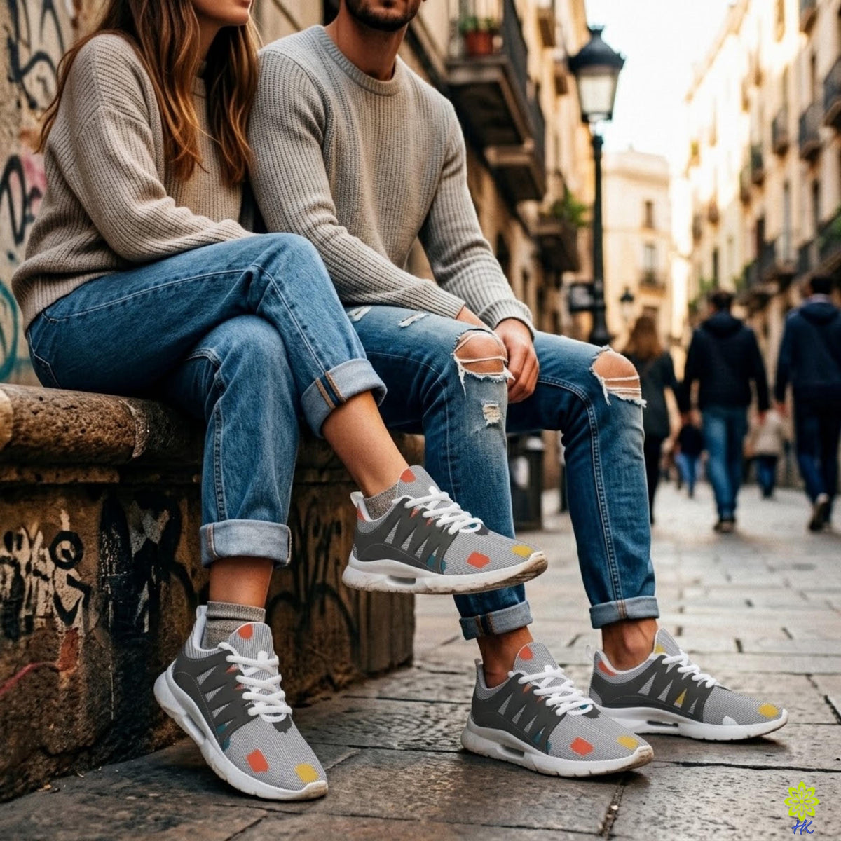 Coppia seduta su un muretto di pietra con sneakers unisex grigie a righe gessate e jeans
