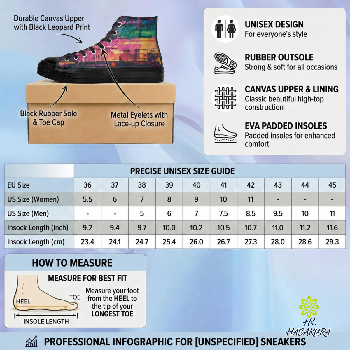 The image is a professional infographic for sneakers, providing information on the different sizes and features of the shoes. It includes a close-up of a colorful high-top sneaker, a box with the shoe size chart, and a table with the insoles' measurements. The infographic is designed to provide precise information for those looking for the best fit for their feet.