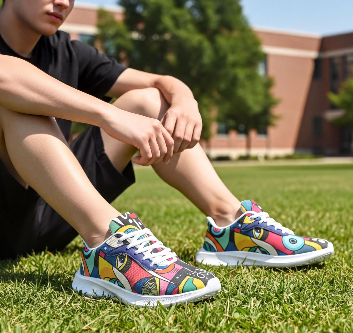 A person sitting on the grass wearing colorful sneakers.