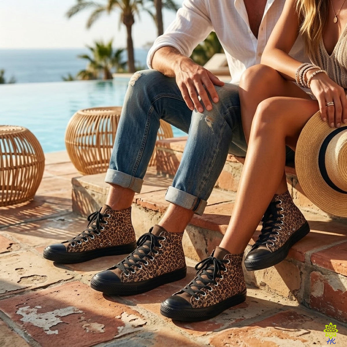 Leopard Print High Top Canvas Sneakers with Black Rubber Sole