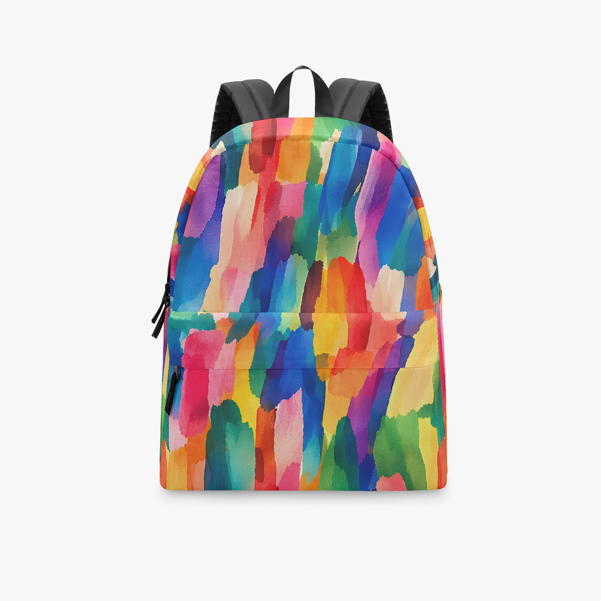 Front view of the colorful backpack with brushstroke print on a white background