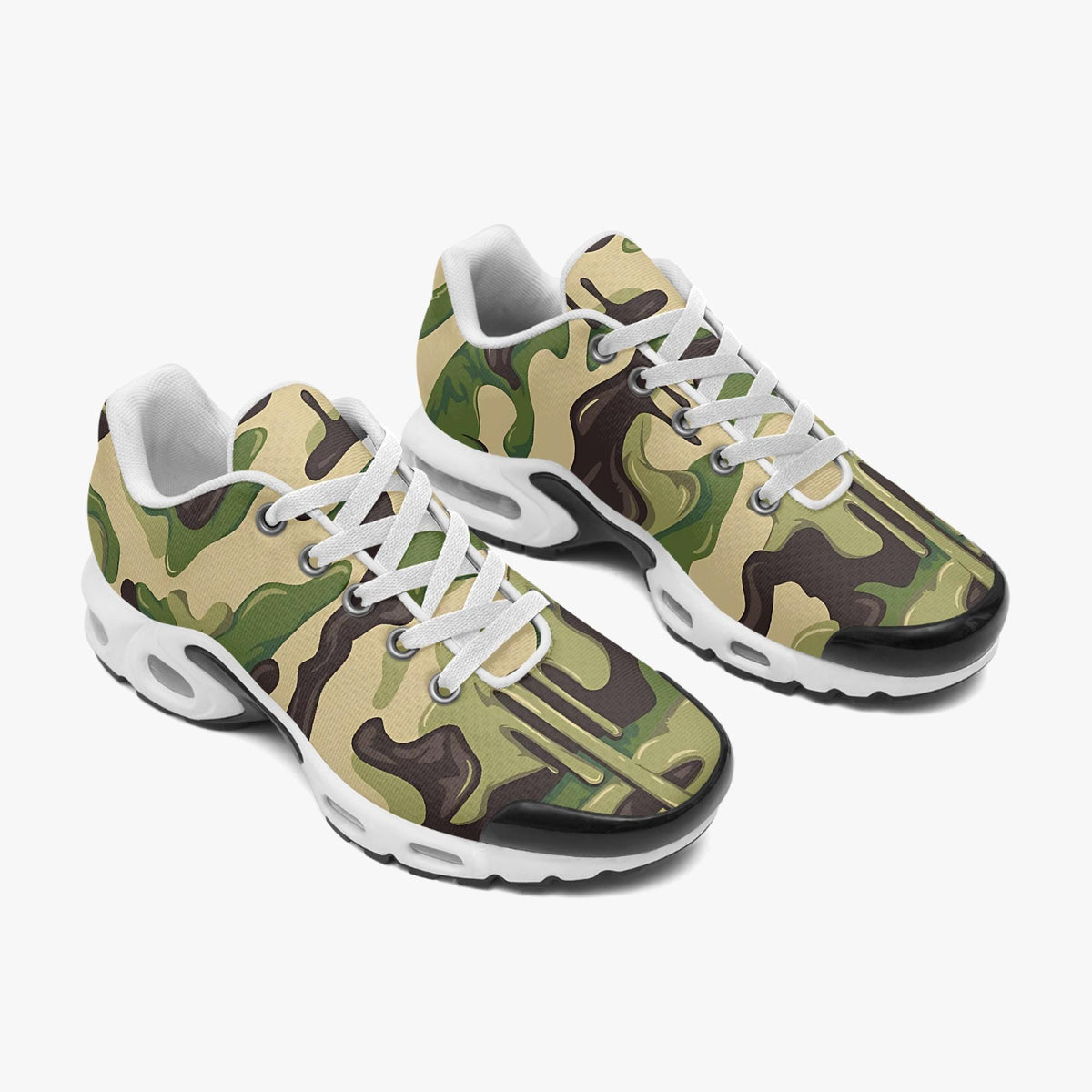 A pair of camouflage-patterned sneakers with white laces.