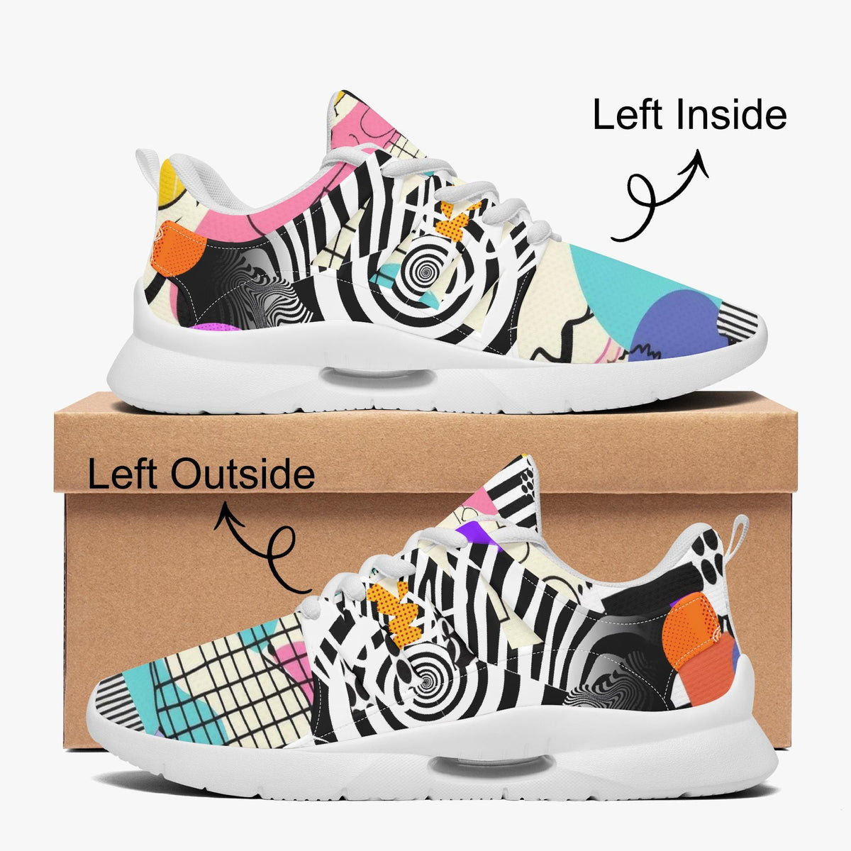 a pair of colorful, patterned sneakers with a mix of geometric and abstract designs.