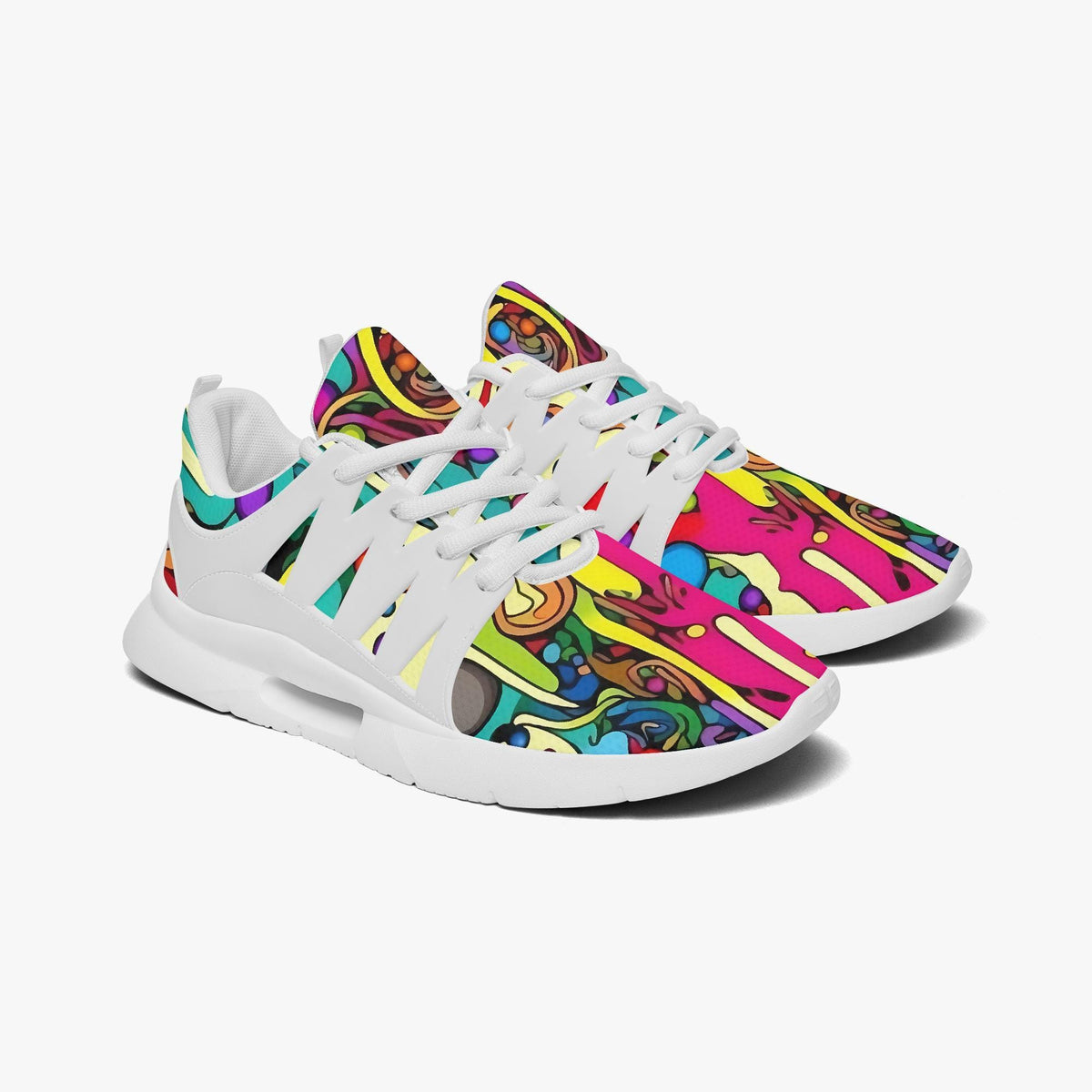 A pair of colorful, patterned sneakers with a vibrant design on the sides.