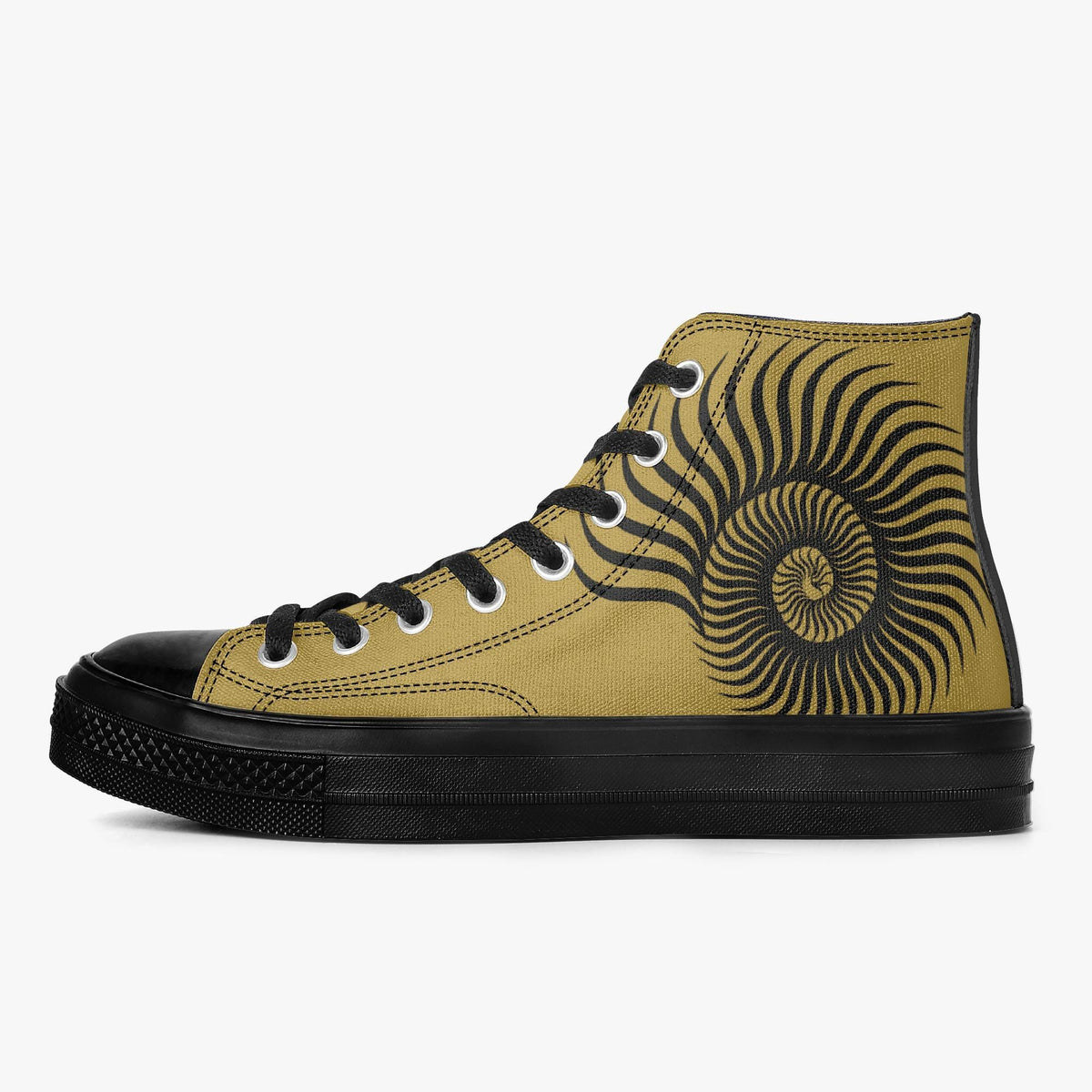 A pair of yellow and black high-top sneakers with a spiral design on the side.