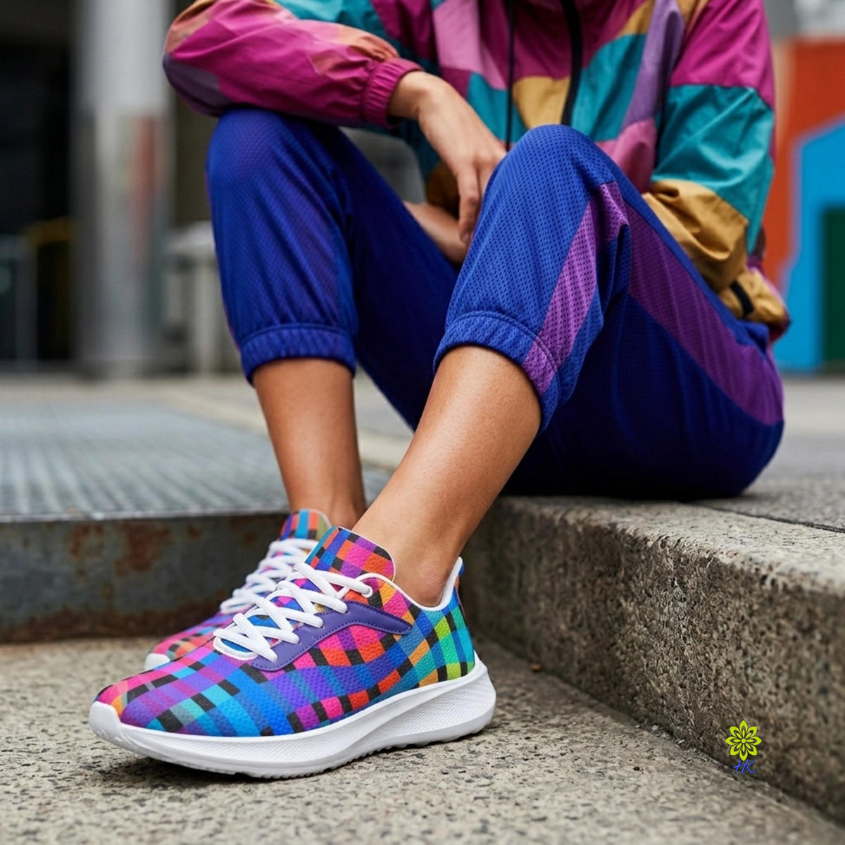 Femme assise sur des marches portant des baskets à carreaux avec une veste imprimée et un jogging bleu