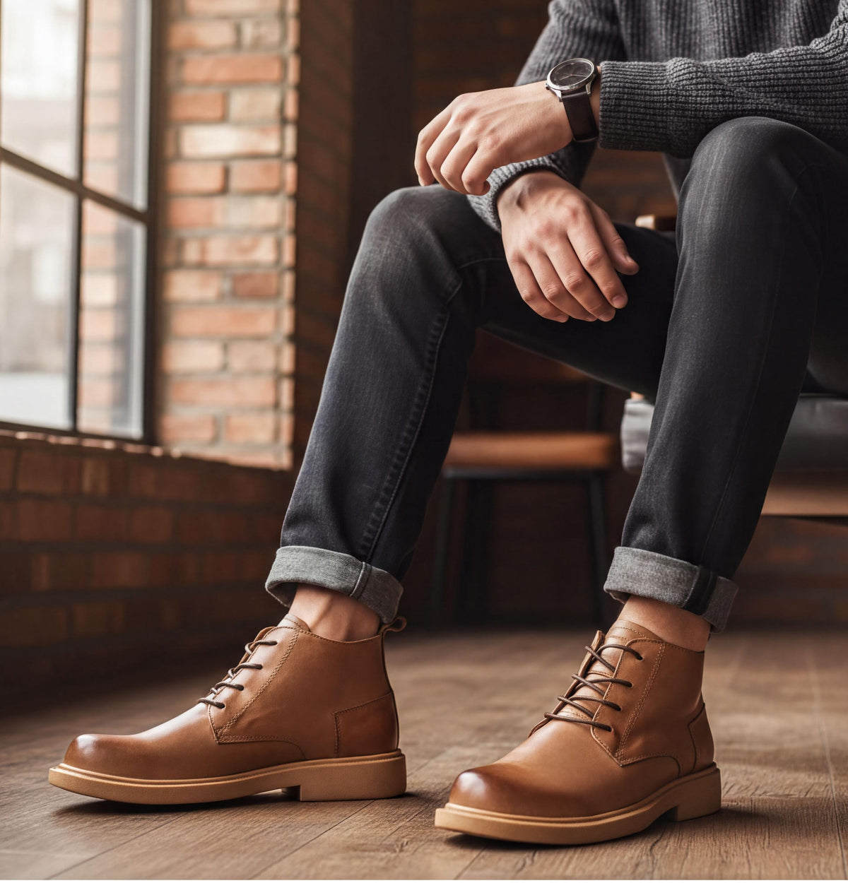 A person sitting in a chair, wearing brown leather boots and jeans, with their hands resting on their knees.