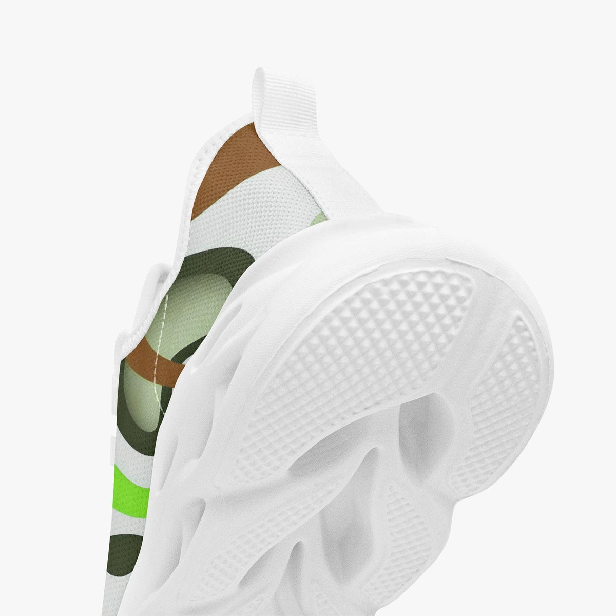A close-up view of a white athletic shoe with a camouflage pattern on the side.