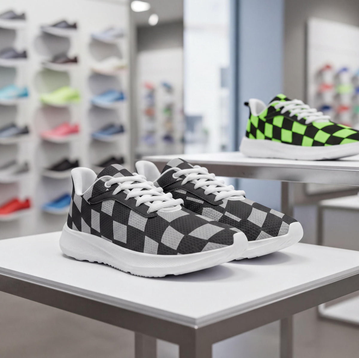 A pair of black and white checkered sneakers on display in a store, with a green and black checkered sneaker visible in the background.