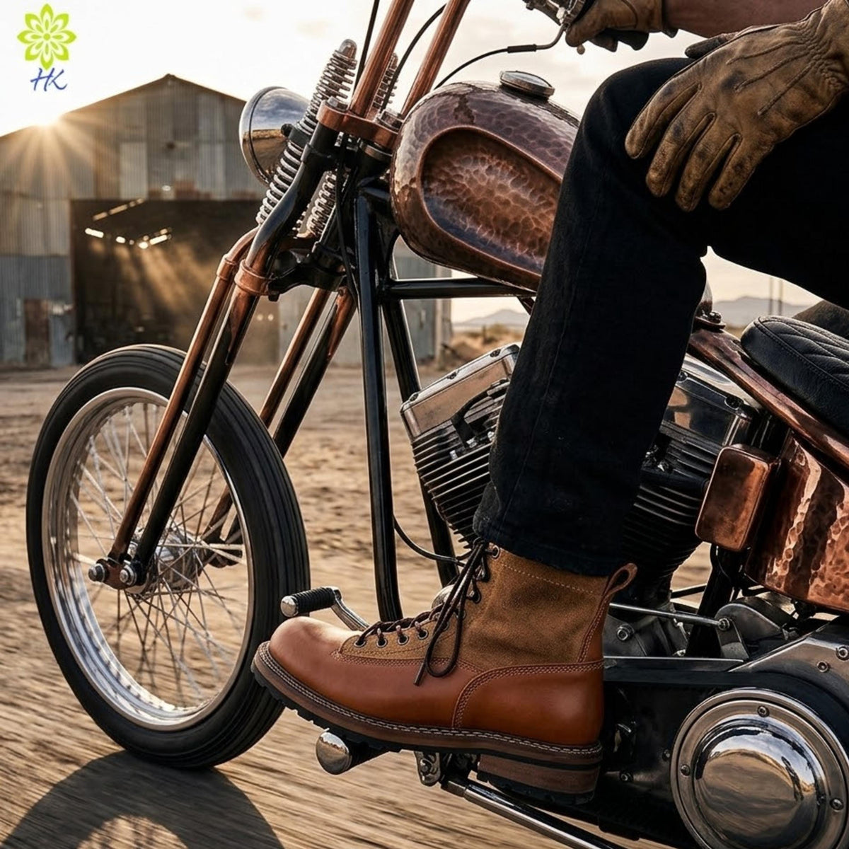 A person is sitting on a motorcycle with a distinctive design, wearing leather boots and gloves.