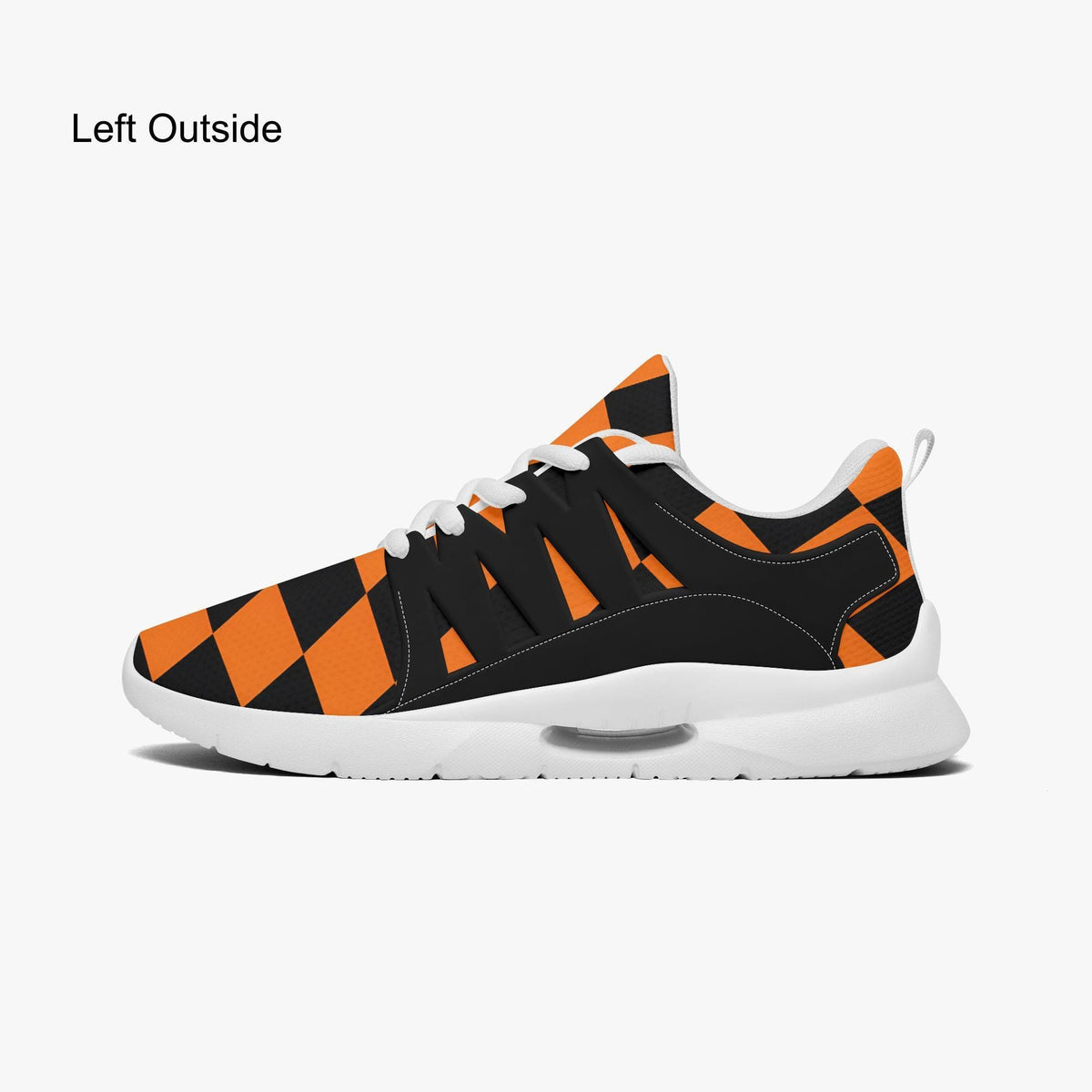 A black and orange checkered patterned sneaker with white laces and sole.