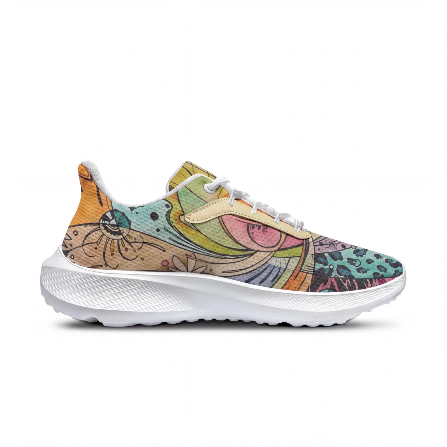 A colorful, patterned sneaker with a vibrant design on the side.