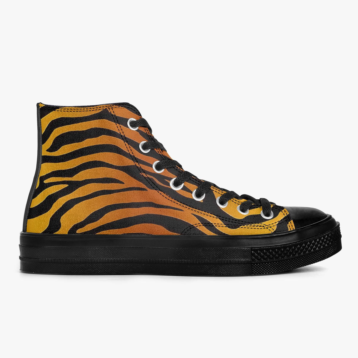 A pair of high-top sneakers with a bold tiger print pattern in orange and black.
