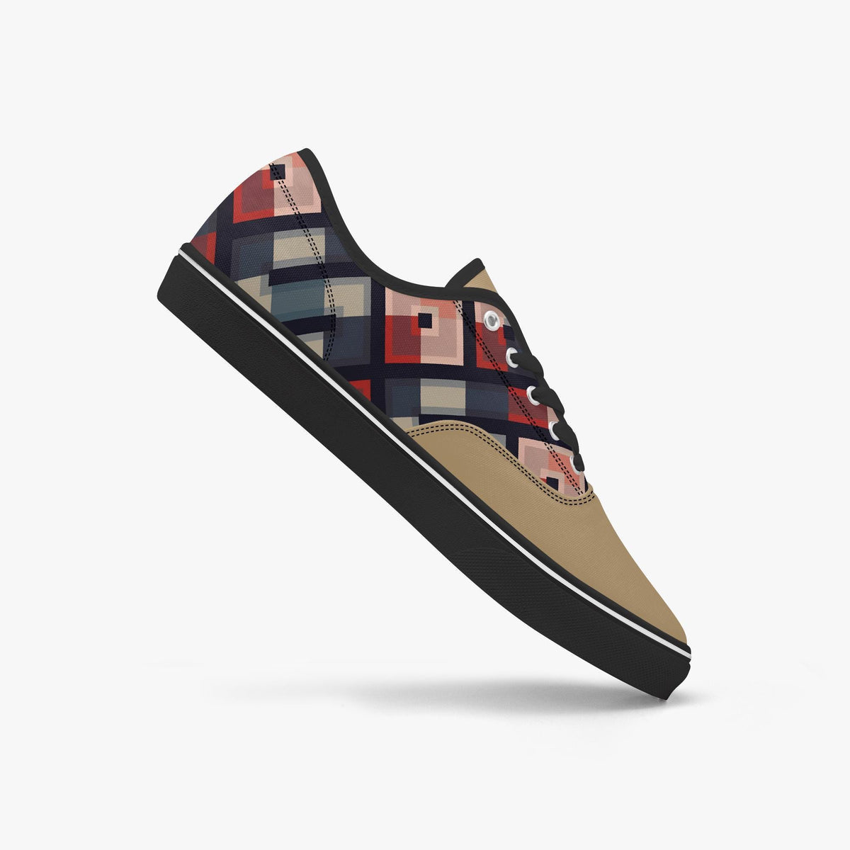 A colorful, patterned sneaker with a geometric design on the side.