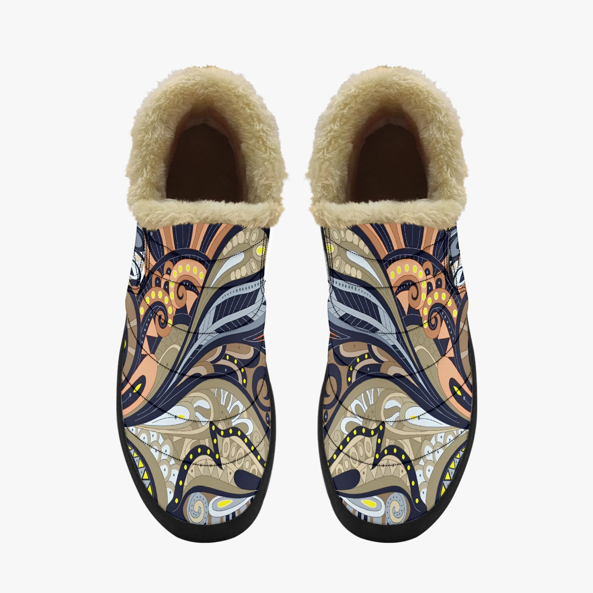 A pair of patterned slippers with a fur lining, featuring a colorful and intricate design.
