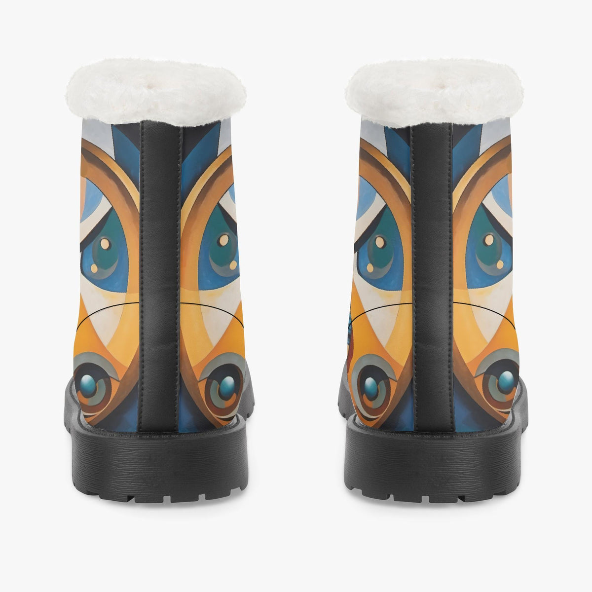 A pair of colorful boots with a unique eye design printed on them.