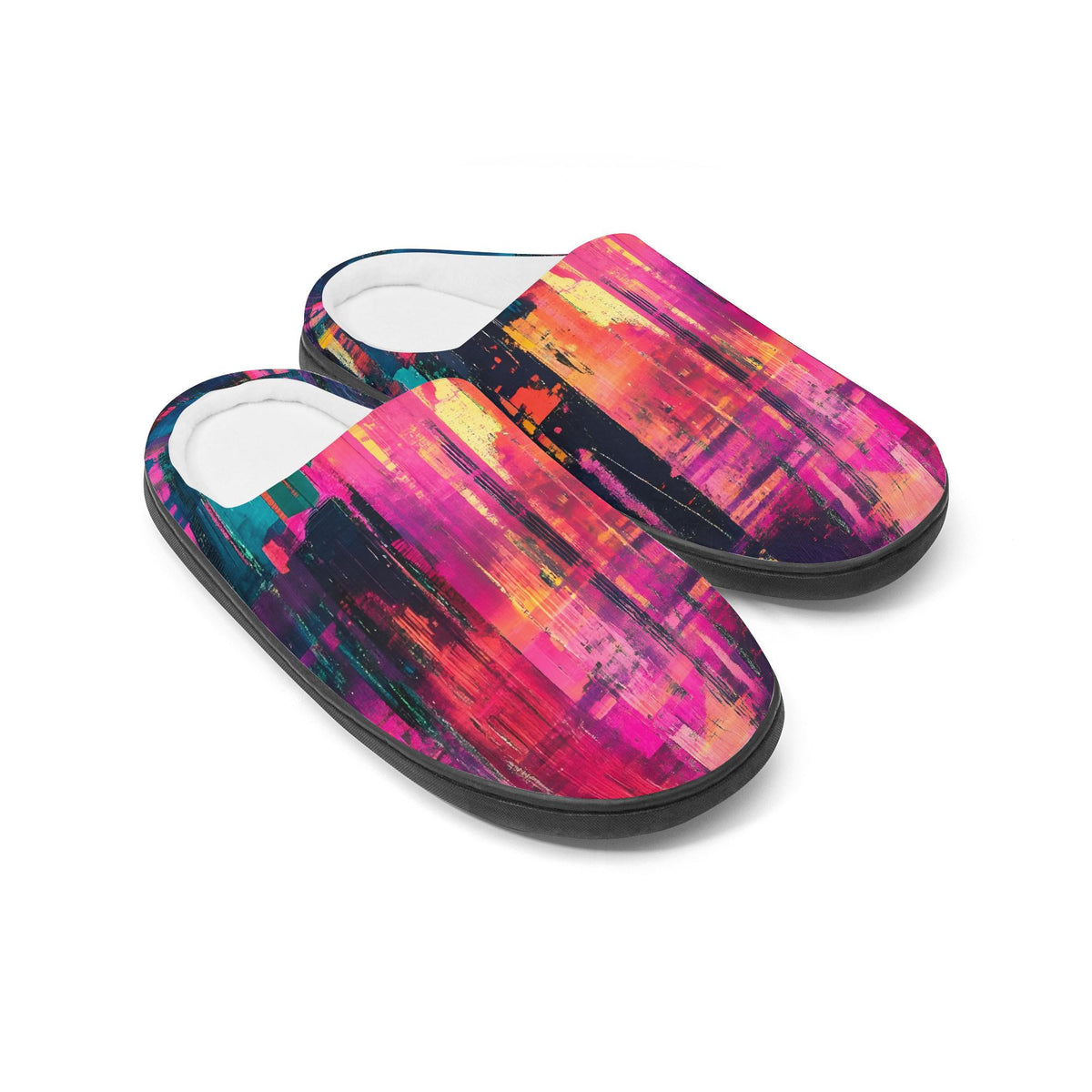 A pair of colorful, abstract slippers with a vibrant, graffiti-inspired design.