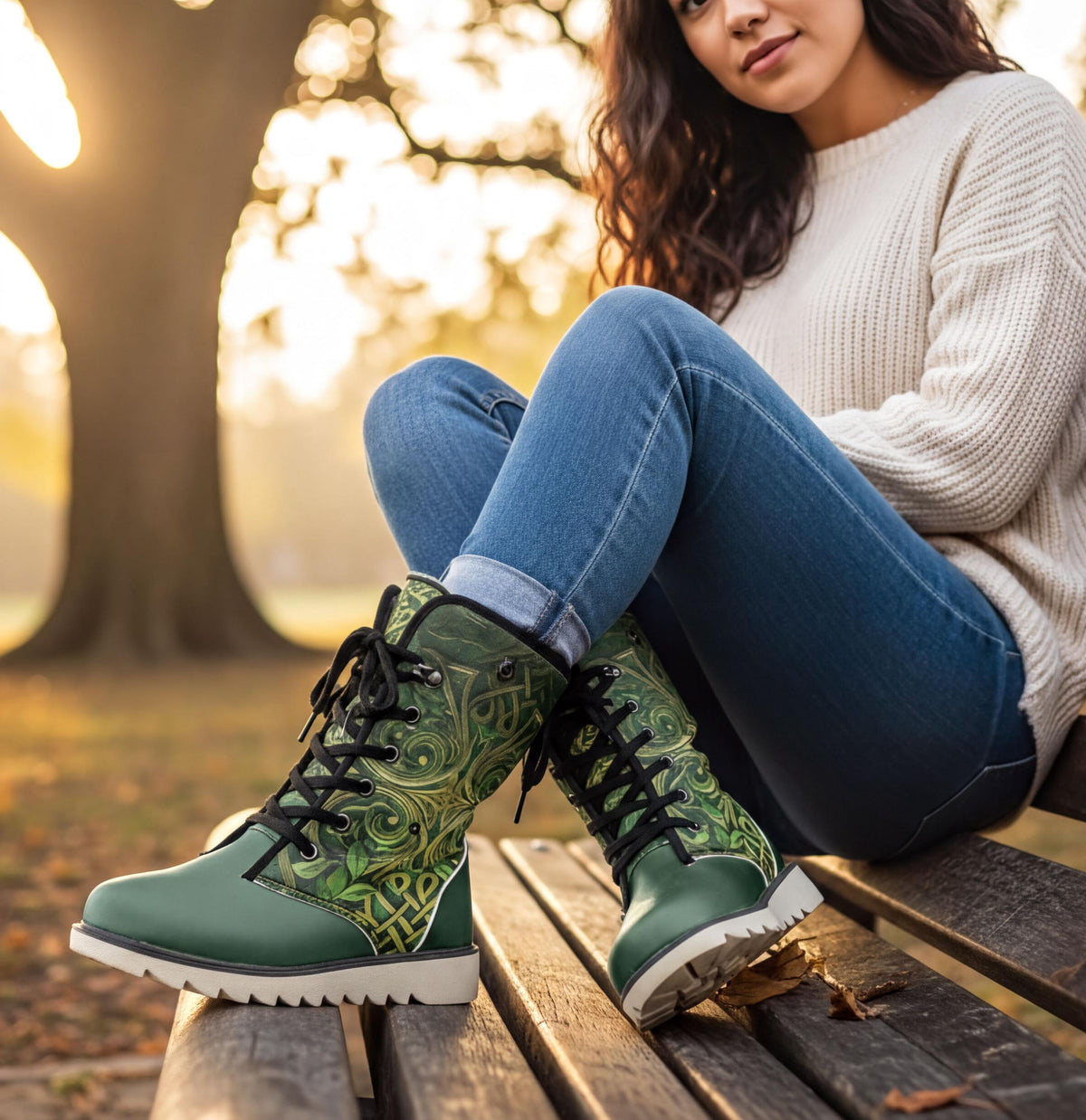 A woman sits on a wooden bench in a park, wearing green patterned boots and a white sweater.