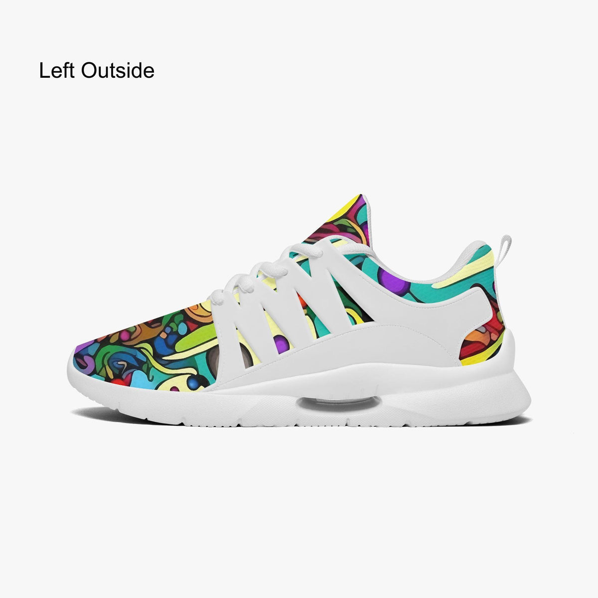 A colorful, abstract-patterned sneaker with a white sole and laces, featuring a vibrant design with various shapes and colors.
