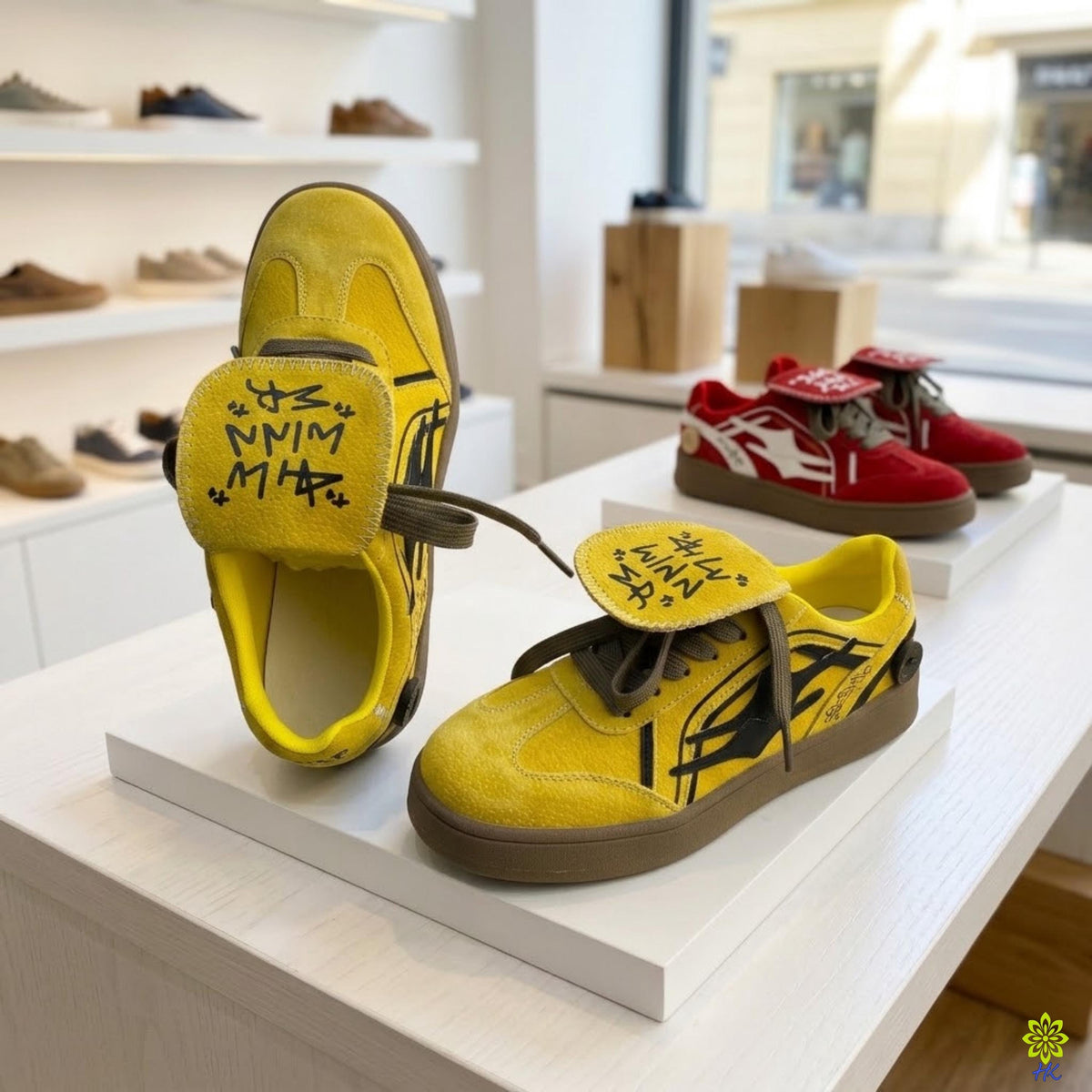 A pair of yellow sneakers with black text on them, displayed on a white shelf in a store.