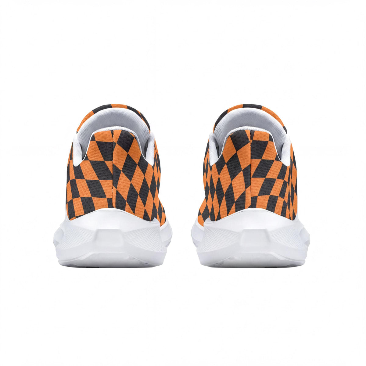 the back view of a pair of orange and black checkered sneakers against a white background.