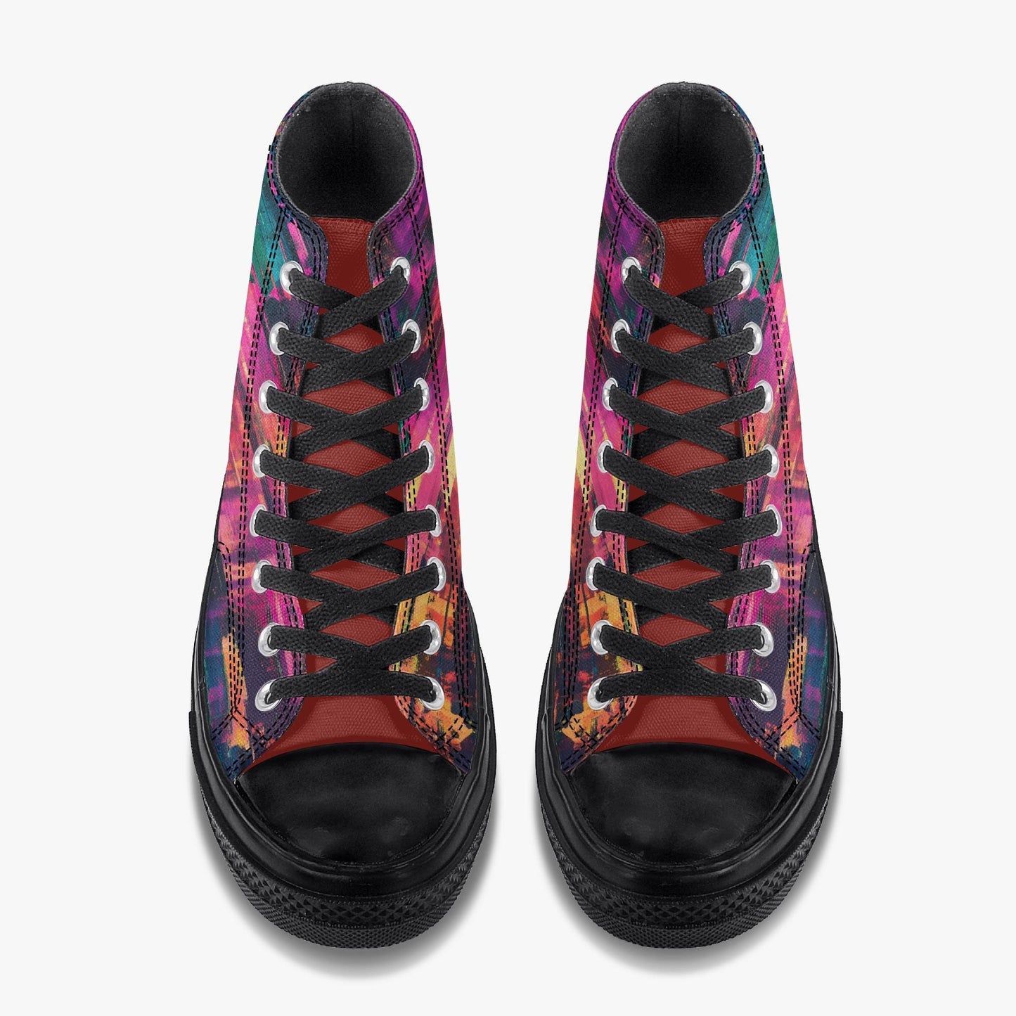 A pair of colorful, patterned sneakers with black laces and soles.