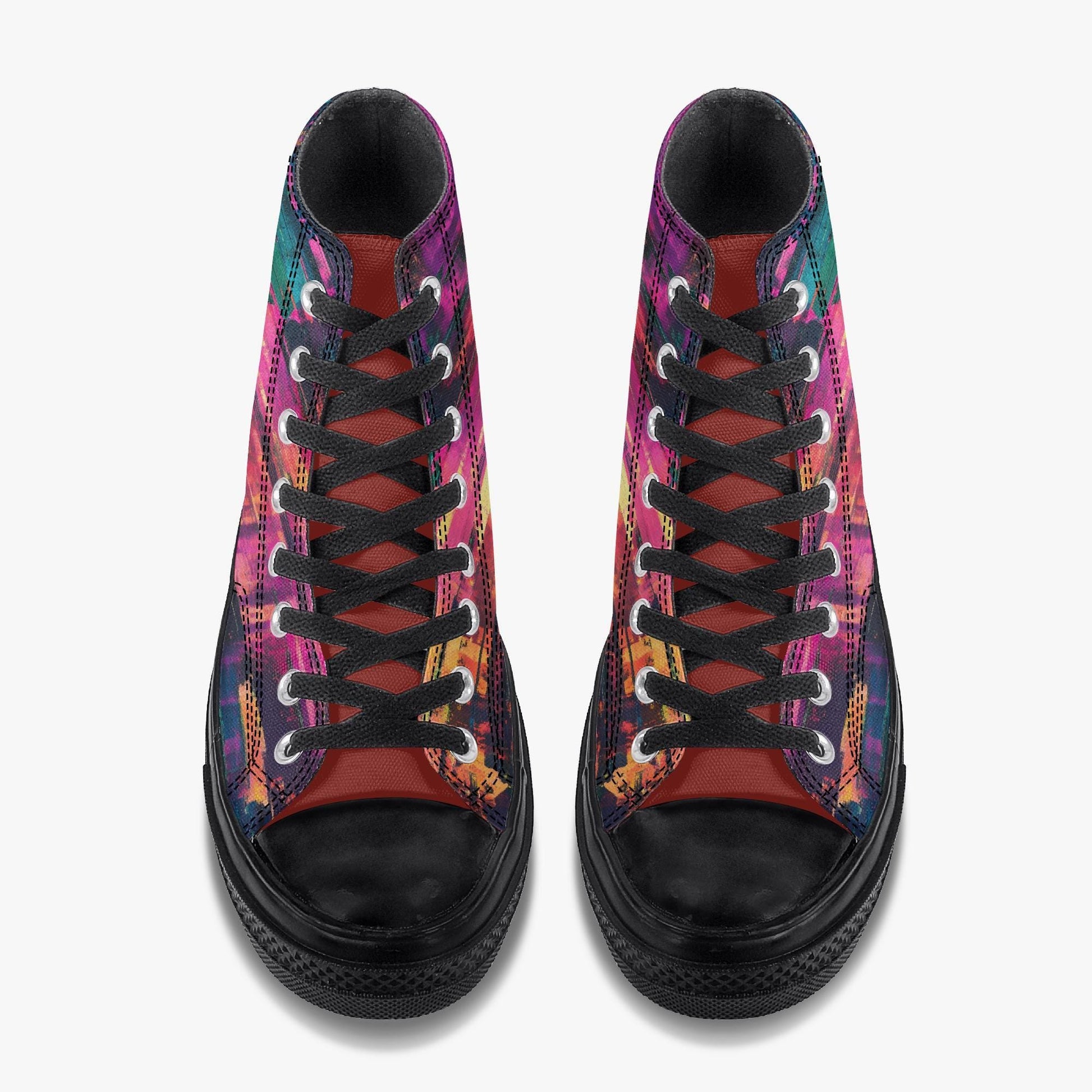 A pair of colorful, patterned sneakers with black laces and soles.
