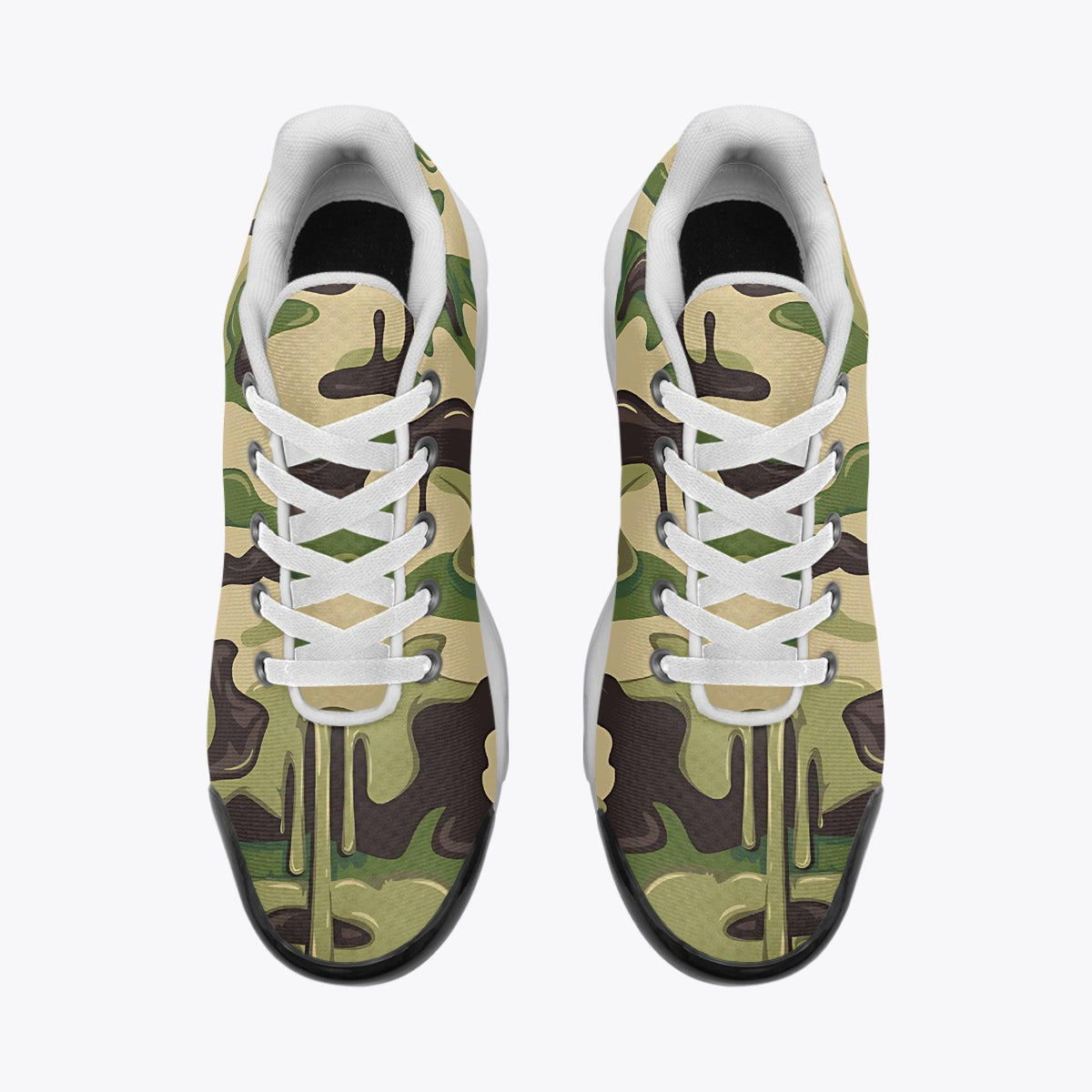A pair of camouflage-patterned sneakers with white laces.
