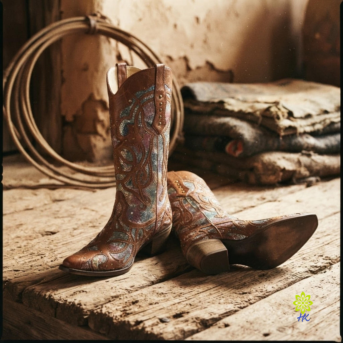 Pair of women's cowboy boots on weathered wooden planks beside a coiled rope