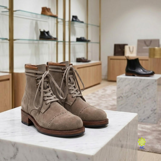 Unisex Taupe Microfiber Lace-Up Ankle Boots with Leather Sole