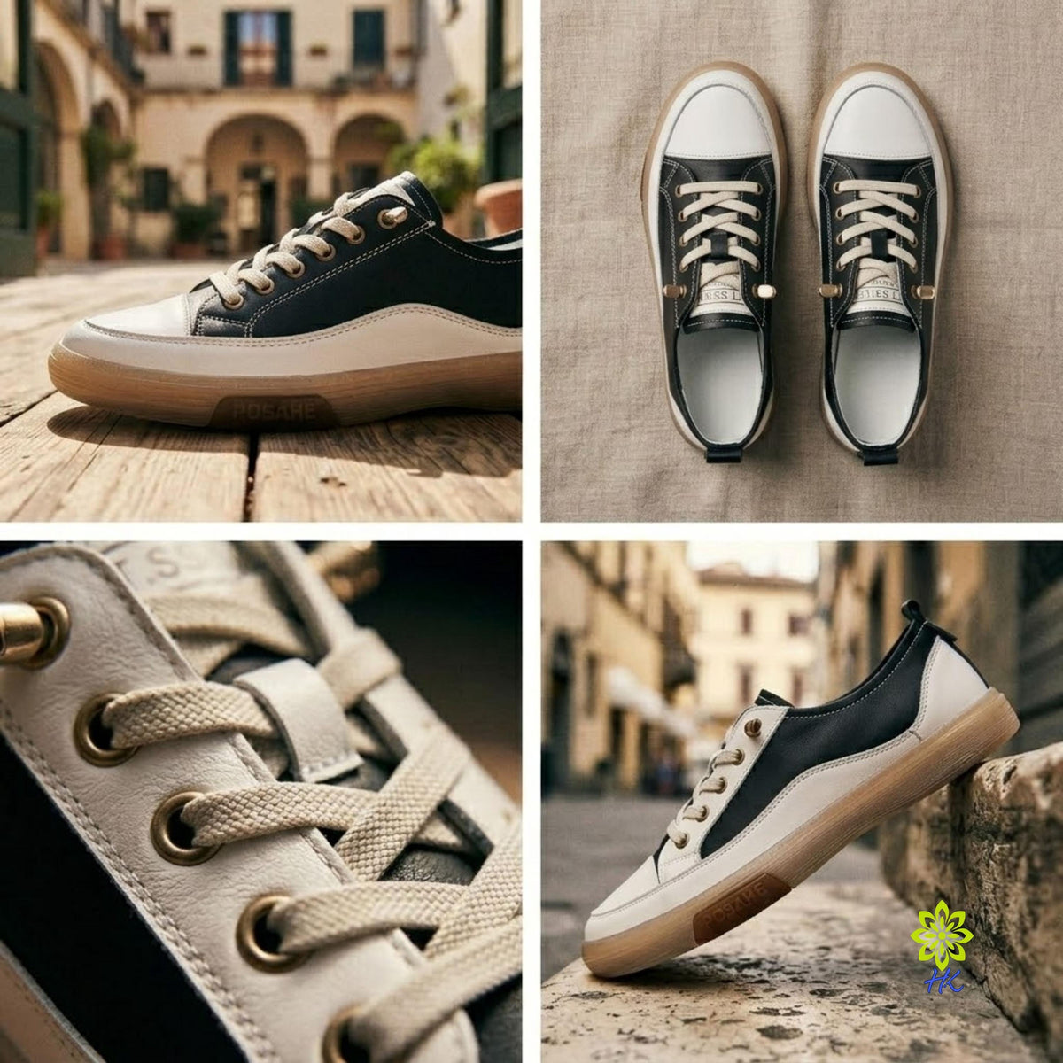 A four-panel collage showing a pair of low-top sneakers in different settings: one on a wooden deck, one laid flat on a linen surface, one close-up of the lace area, and one on a stone ledge. The shoes have a black leather upper, off-white toe and heel panels, beige laces, and a tan gum sole.