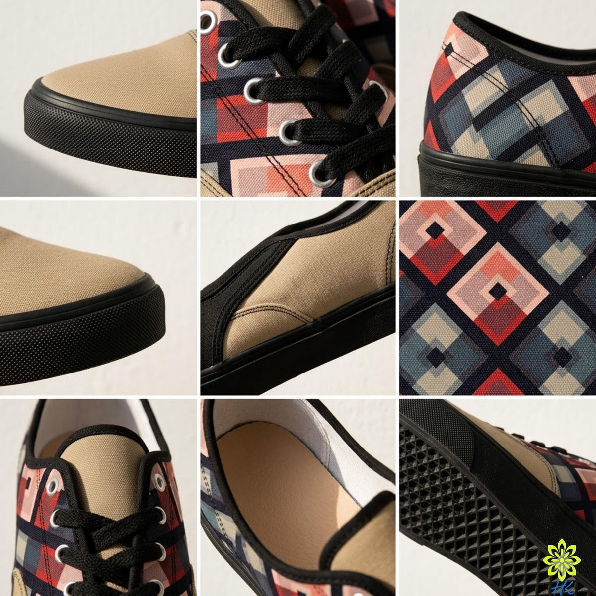 The image is a collage of various close-up photos of a pair of shoes, showcasing different details and patterns on the canvas material.