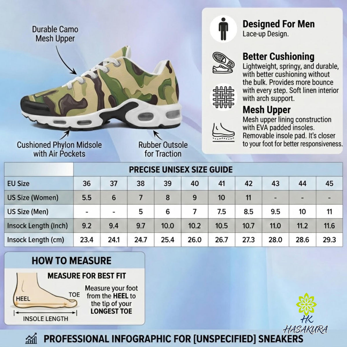 The image is a professional infographic for sneakers, providing information on the design and features of a specific sneaker model. It includes a close-up view of the sneaker, a table with size and cushioning information, and a diagram illustrating the mesh upper construction. The infographic is designed to provide detailed information for customers looking to purchase the sneaker, without redundancy or vague descriptions.