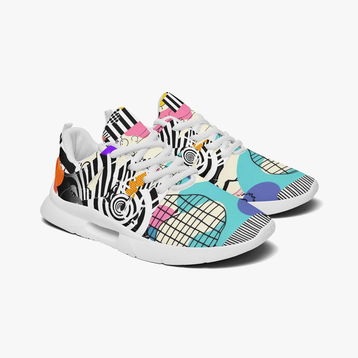 A pair of colorful, patterned sneakers with a mix of geometric shapes and abstract designs.