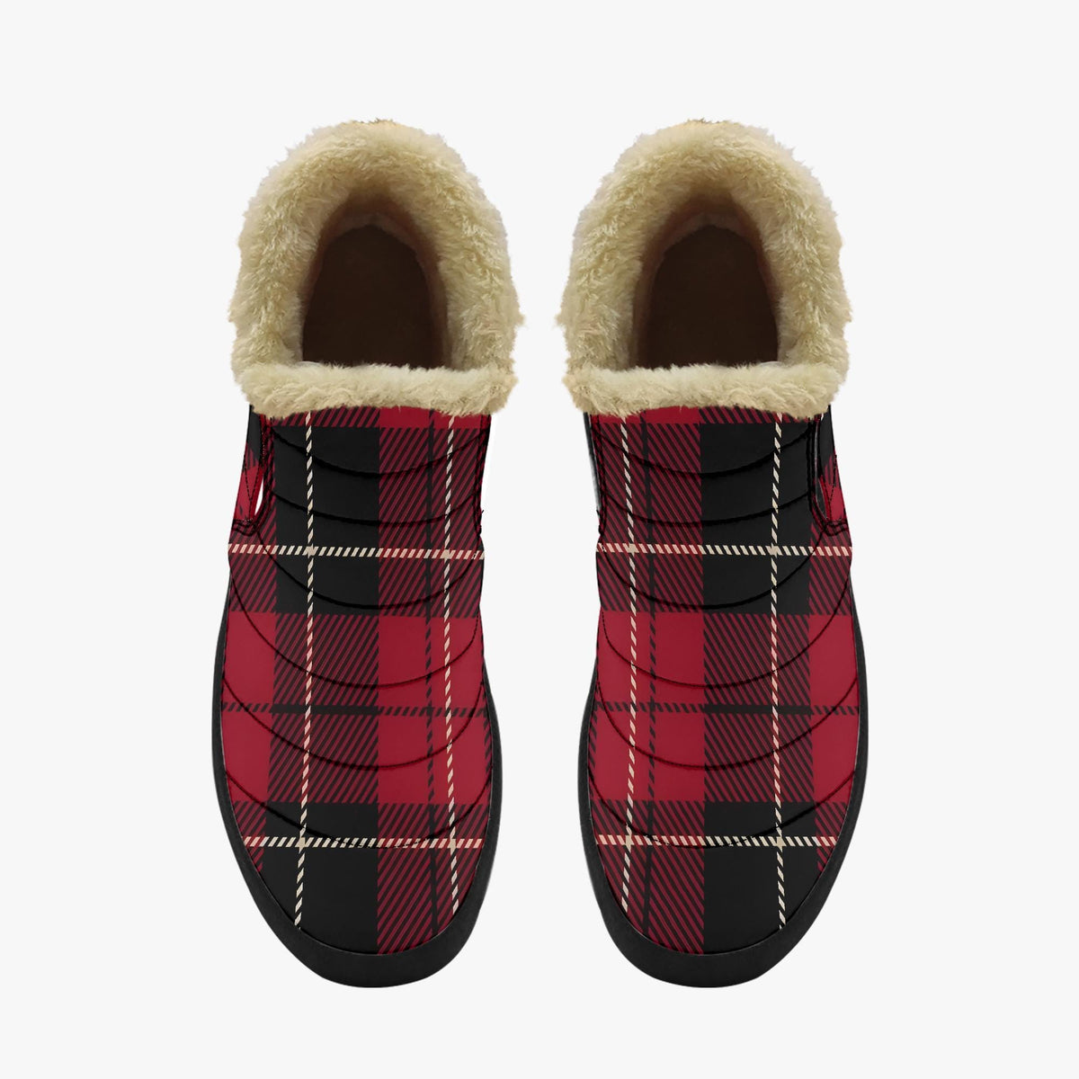 A pair of red and black plaid shoes with fur lining.