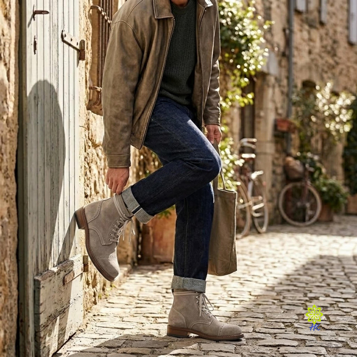 A person standing on a cobblestone street in a rustic village setting, wearing a brown leather jacket, dark green knit sweater, blue jeans with rolled cuffs, and taupe lace-up ankle boots. A small yellow-green logo appears in the bottom right corner.