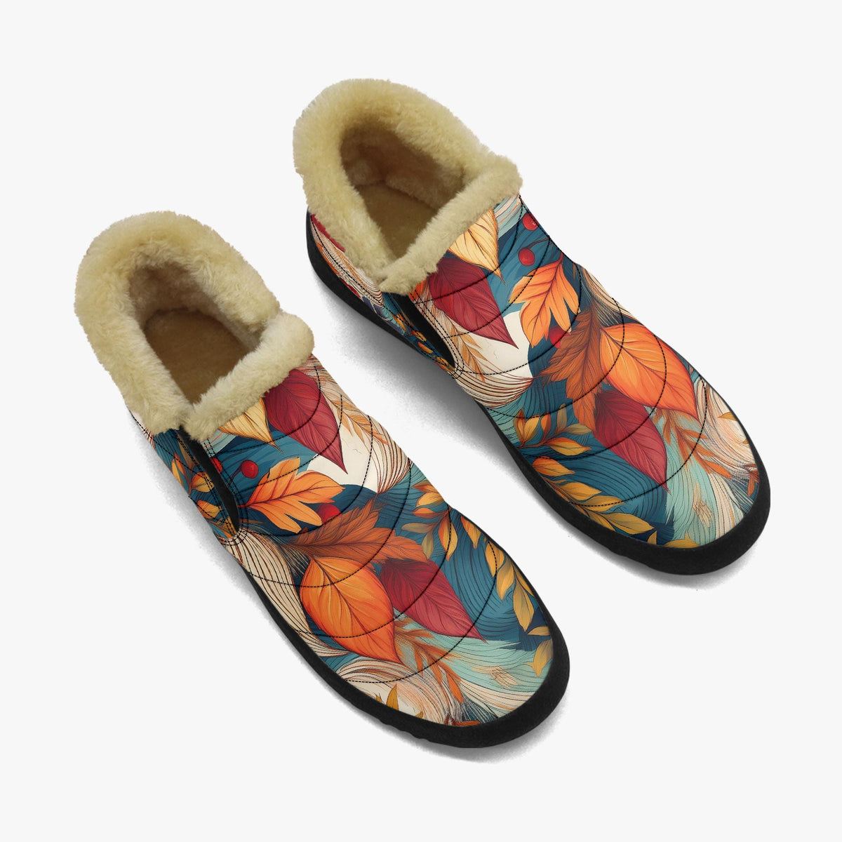 A pair of colorful, patterned boots with fur lining, featuring a floral design with autumn leaves.