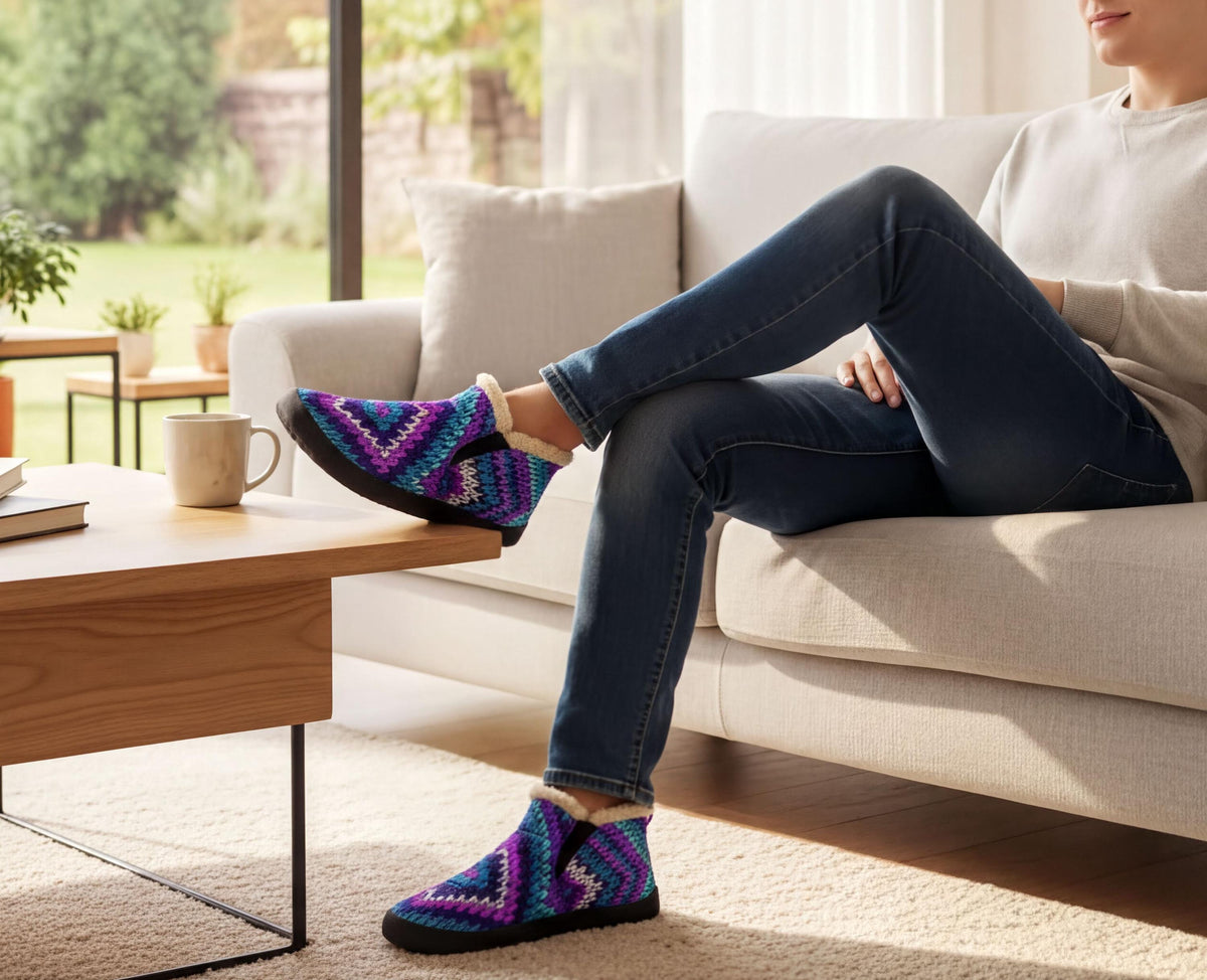 A person is sitting on a couch, wearing colorful patterned slippers, with their feet resting on a coffee table.